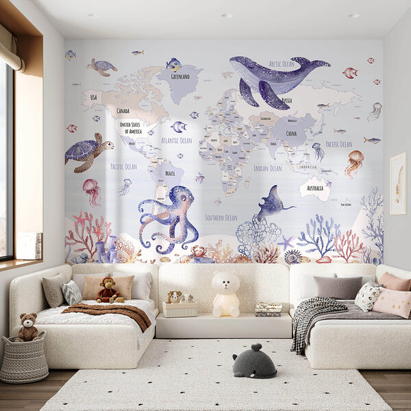 Wall murals Wall murals Map of the world with sea animals (SKU: w03526v1)