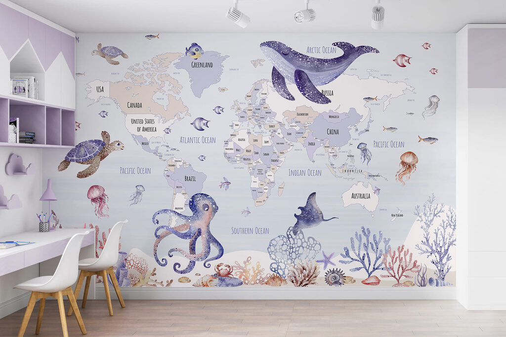 Map of the world with sea animals
