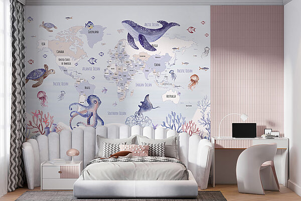 Map of the world with sea animals