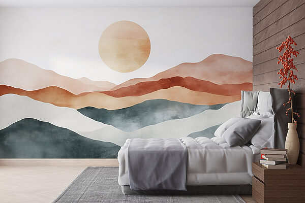 Painting of mountains and sun Painting of mountains and sun