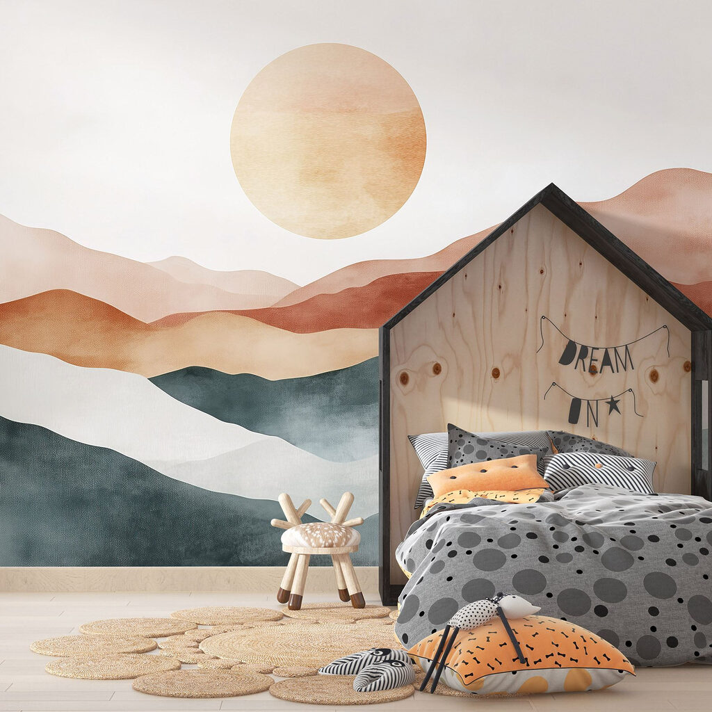 Painting of mountains and sun