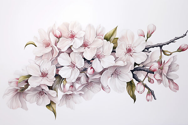 Painting of white flowers on a branch Painting of white flowers on a branch