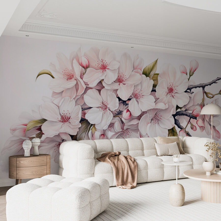 Wall murals Painting of white flowers on a branch