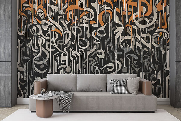 Black and white art with orange and white lines Black and white art with orange and white lines
