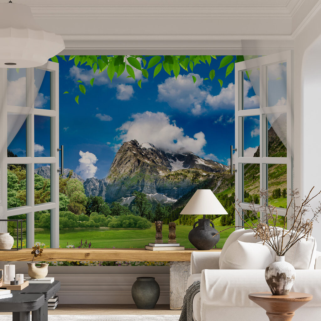 Window with a view of a mountain range and trees