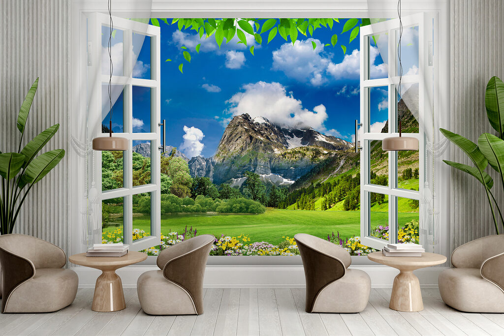 Window with a view of a mountain range and trees