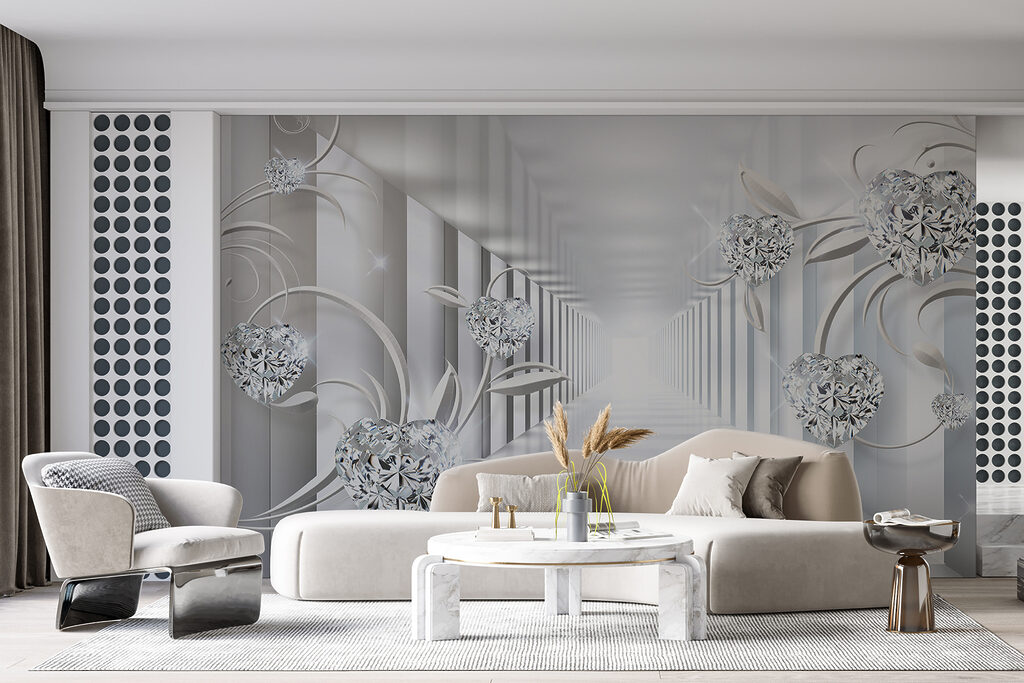 White hallway with diamonds and flowers