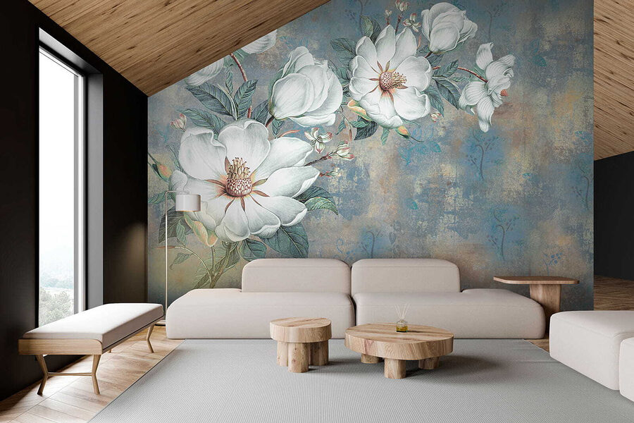 Wall murals White flowers on a blue background - Image 6
