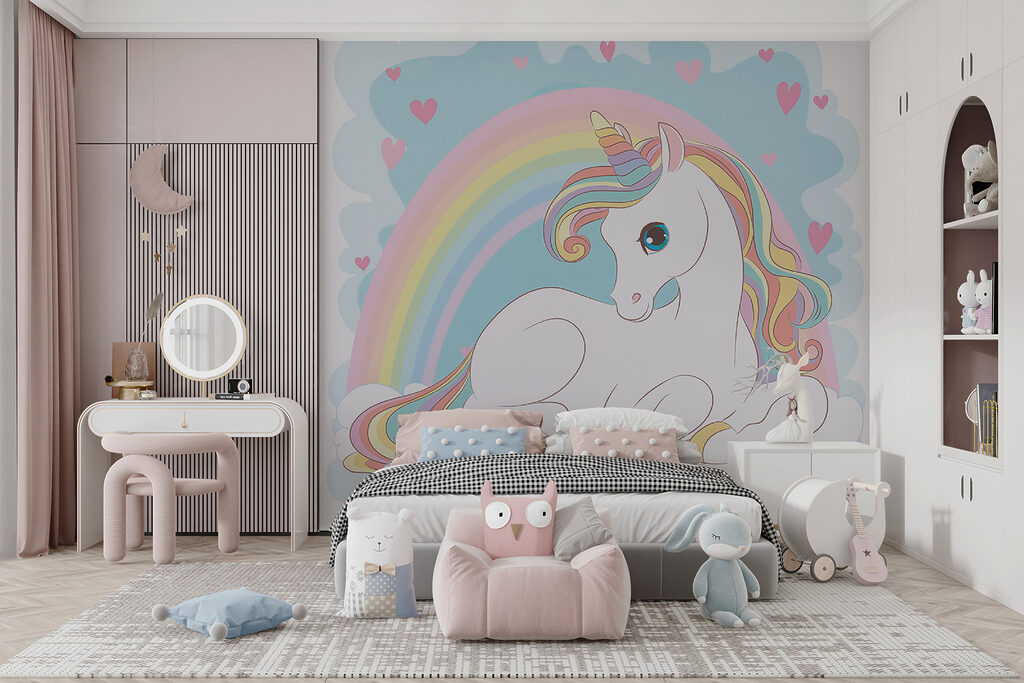 Unicorn sitting on a cloud with rainbow and hearts Unicorn sitting on a cloud with rainbow and hearts