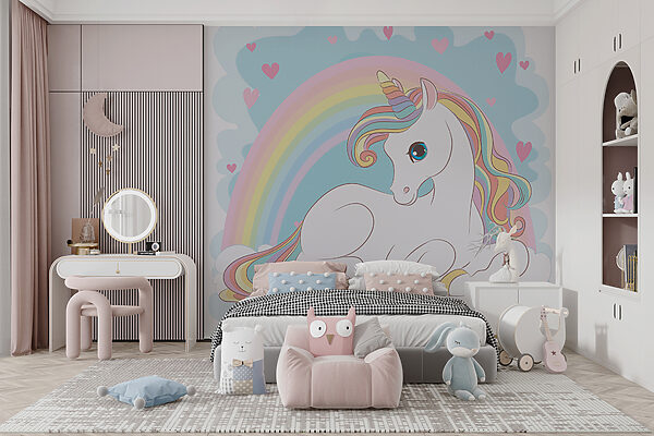 Unicorn sitting on a cloud with rainbow and hearts Unicorn sitting on a cloud with rainbow and hearts