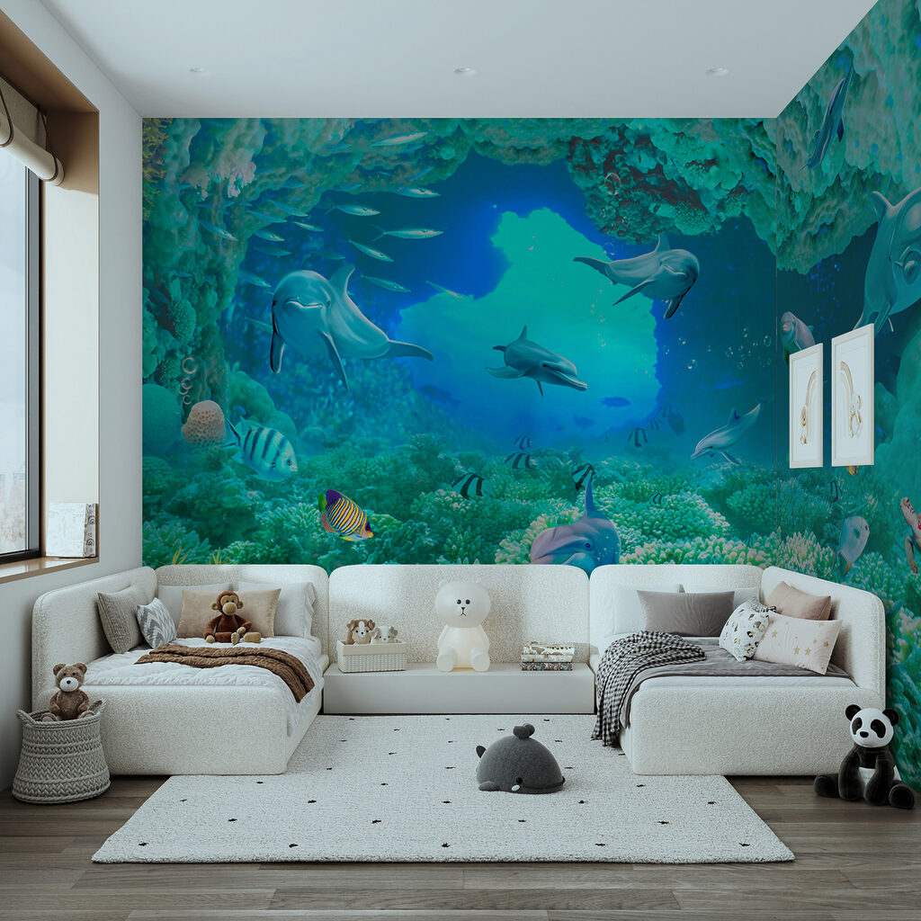 Group of dolphins and fish under water Group of dolphins and fish under water