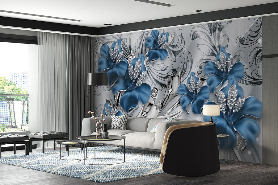 Wall murals Silver and blue flowers on a silver and black background - Image 10