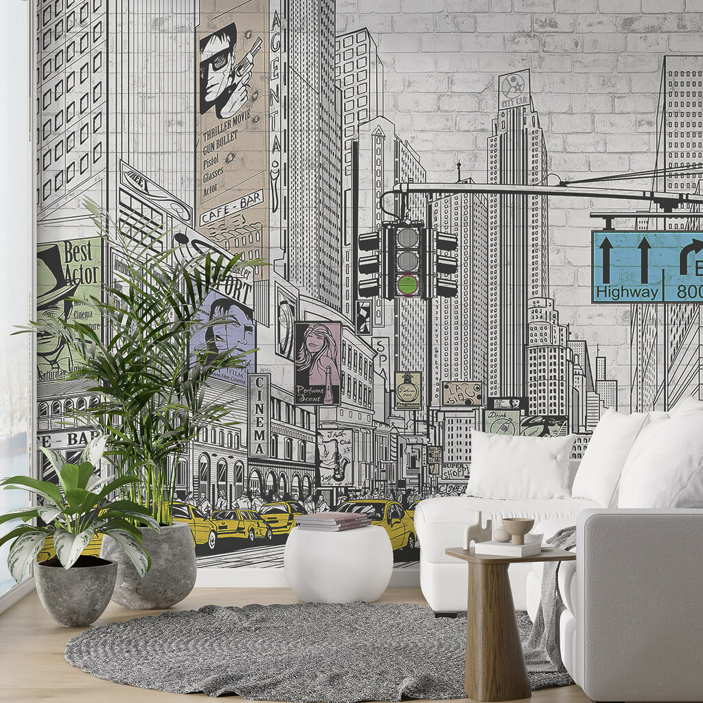 Drawing of a city street with cars and buildings Drawing of a city street with cars and buildings