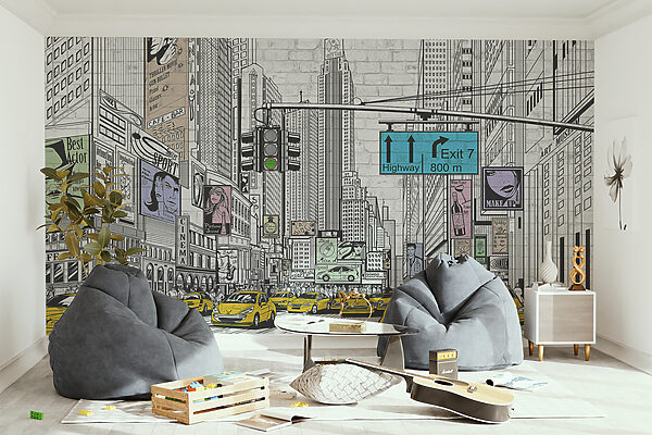 Drawing of a city street with cars and buildings Drawing of a city street with cars and buildings