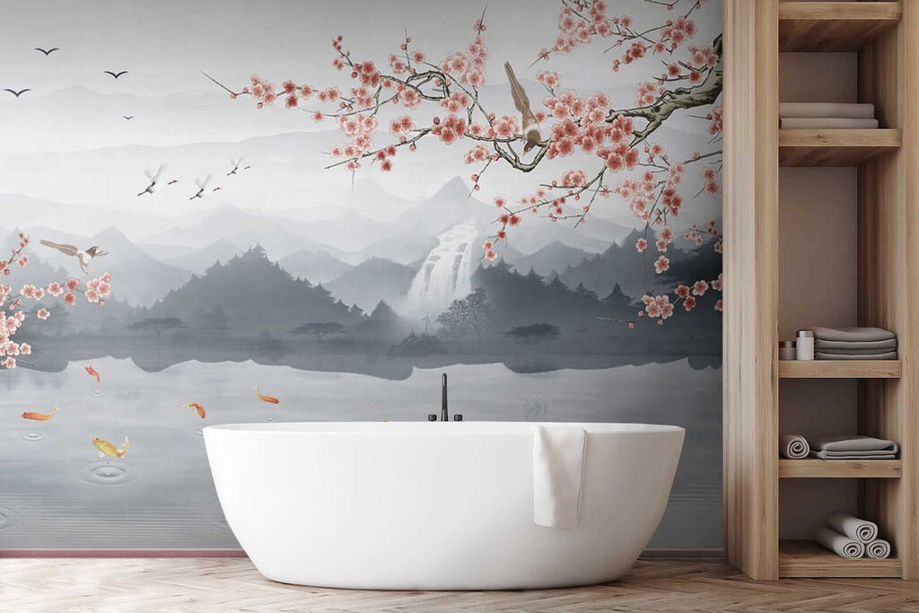 Painting of a river with a waterfall and birds
