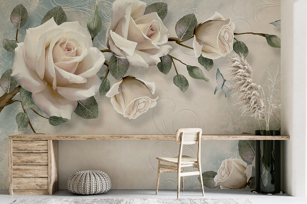 Delicate roses with soft butterflies