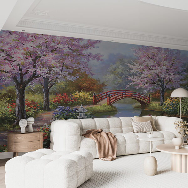 Painting of a pond with a bridge and flowers u35418pig15ms 600x600 - Painting of a pond with a bridge and flowers