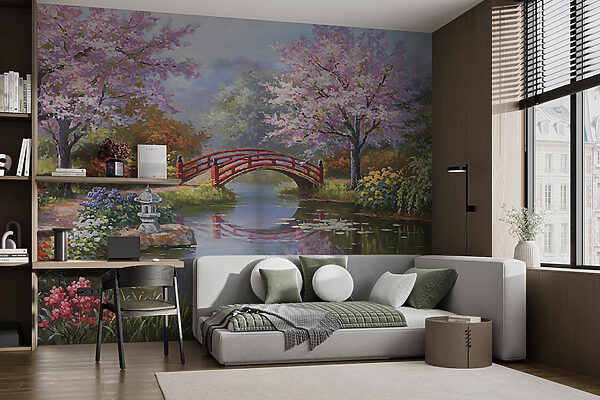 Painting of a pond with a bridge and flowers u35418pib3mr 600x400 - Painting of a pond with a bridge and flowers