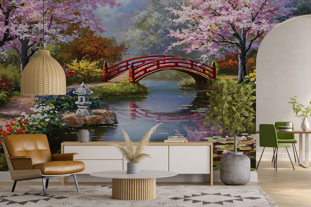 Painting of a pond with a bridge and flowers u35418pig16mr 1024x683 - Painting of a pond with a bridge and flowers