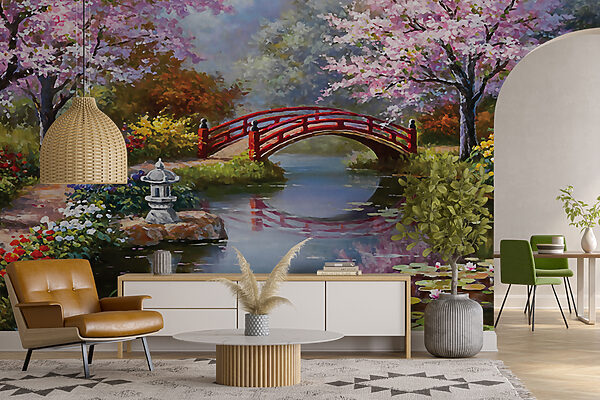 Painting of a pond with a bridge and flowers u35418pig16mr 600x400 - Painting of a pond with a bridge and flowers