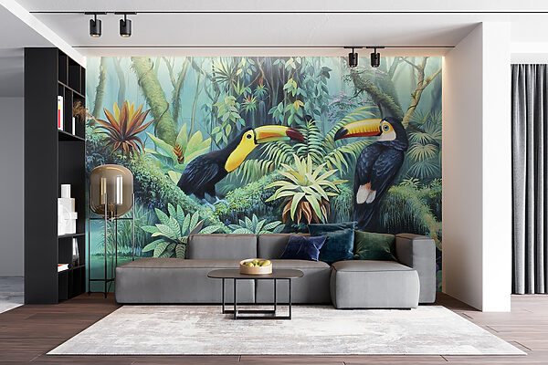 Painting of birds in a forest Painting of birds in a forest