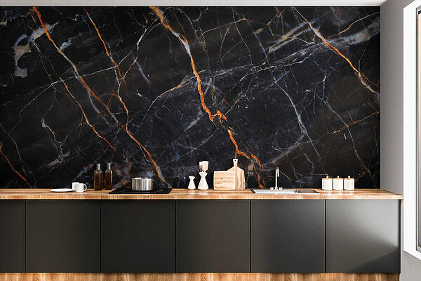 Black marble with fiery orange veins. Black marble with fiery orange veins.