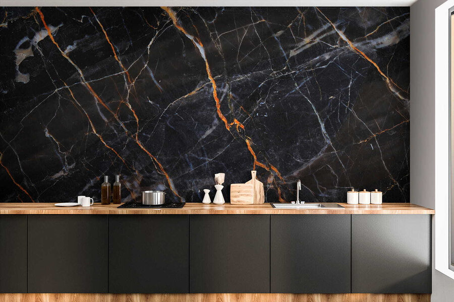 Black marble with fiery orange veins. Black marble with fiery orange veins.