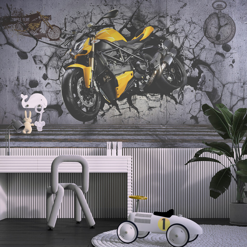Yellow motorcycle on a wall u37780pir10ms 1024x1024 - Yellow motorcycle on a wall