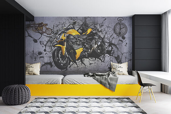 Yellow motorcycle on a wall u37780pir14mr 600x400 - Yellow motorcycle on a wall