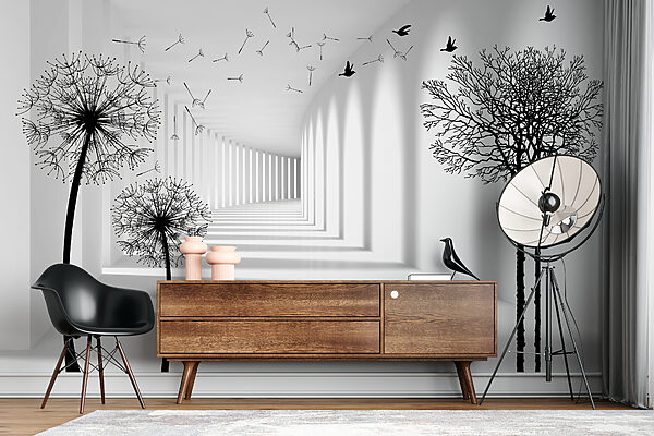 White room with trees and birds flying u37803pig5mr 600x400 - White room with trees and birds flying