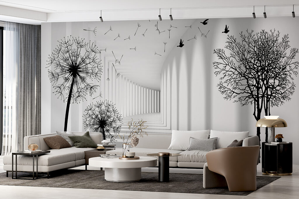 White room with trees and birds flying u37803pig9mr 1024x683 - White room with trees and birds flying