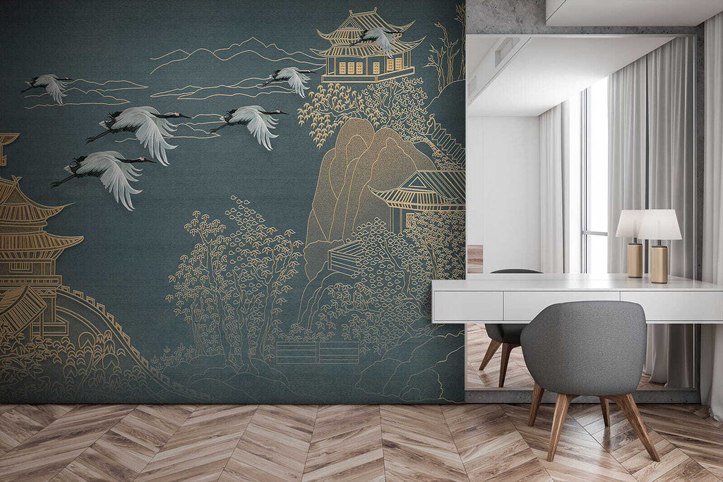 Painting of a landscape with cranes flying over a building