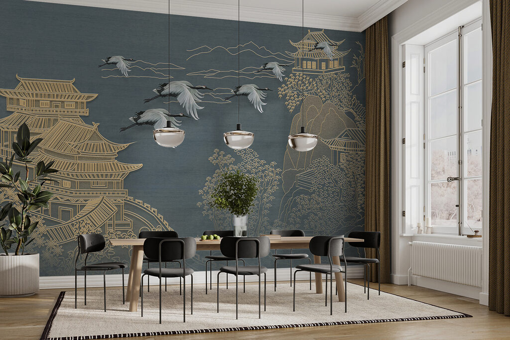 Painting of a landscape with cranes flying over a building