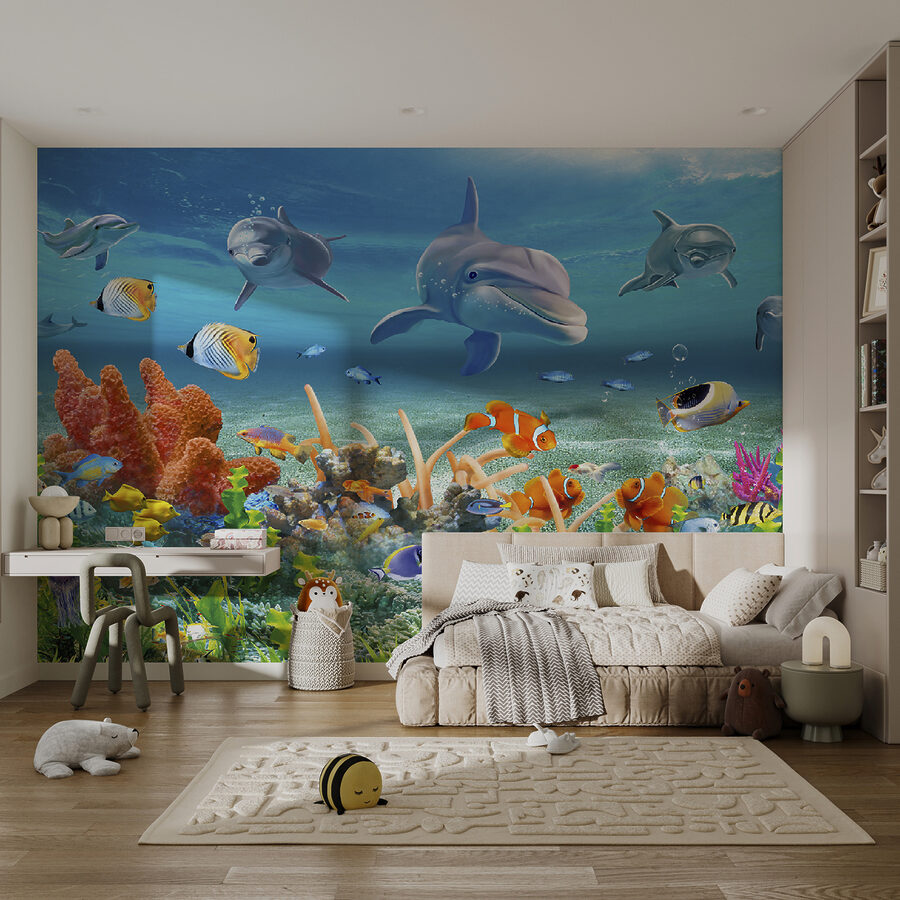 Group of fish and dolphins swimming in the ocean