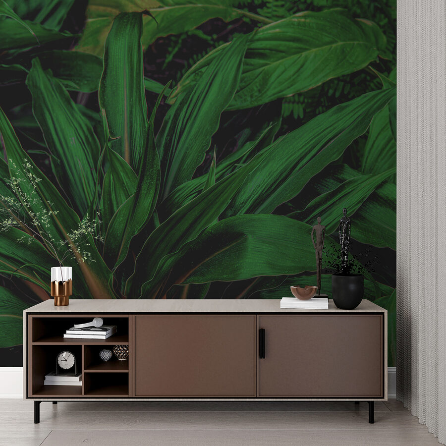 Lush tropical leaves in vibrant green.