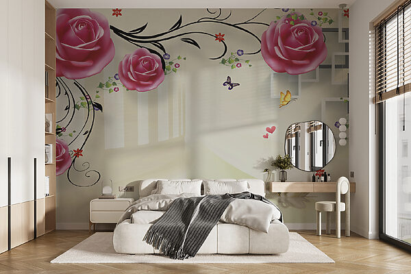 Wallpaper with roses and birds Wallpaper with roses and birds