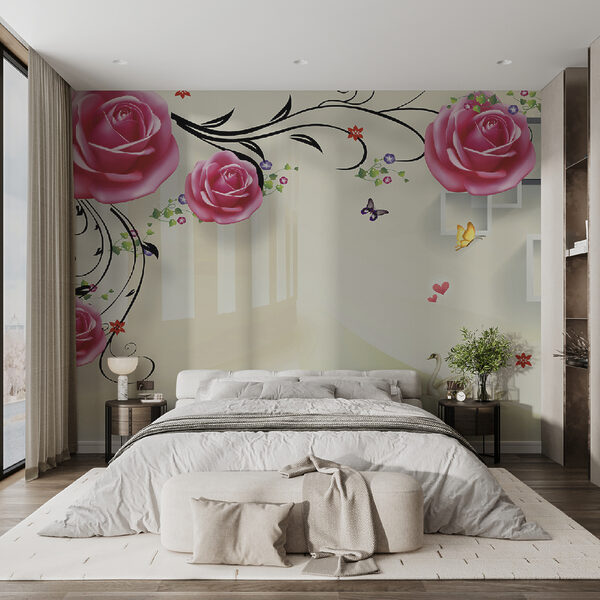 Wallpaper with roses and birds Wallpaper with roses and birds