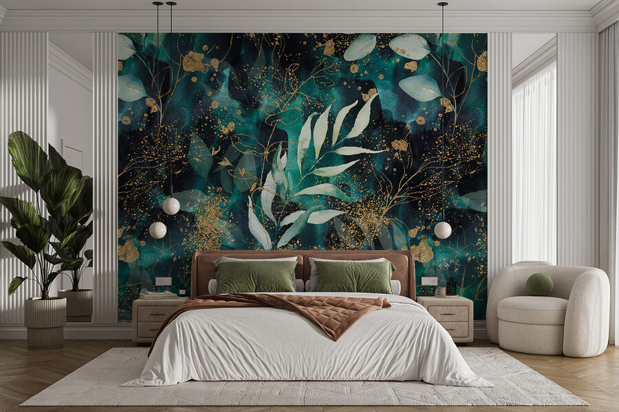 Wall murals Elegant teal foliage with shimmering accents. - Image 2