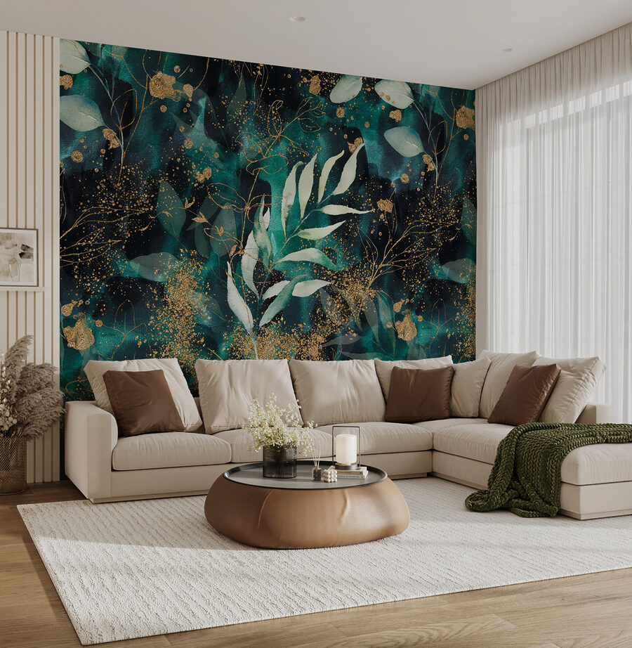 Wall murals Elegant teal foliage with shimmering accents. - Image 3
