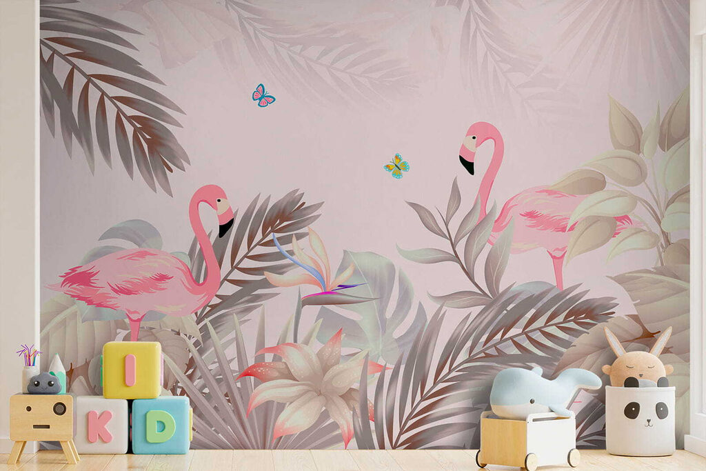 Pink flamingos and flowers