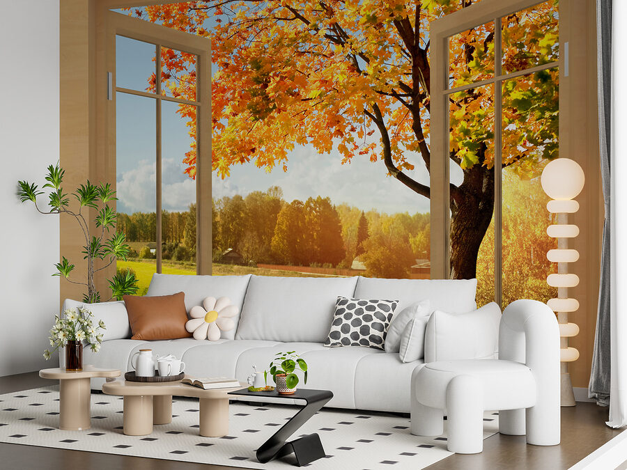 Wall murals Window with trees and a river - Image 4