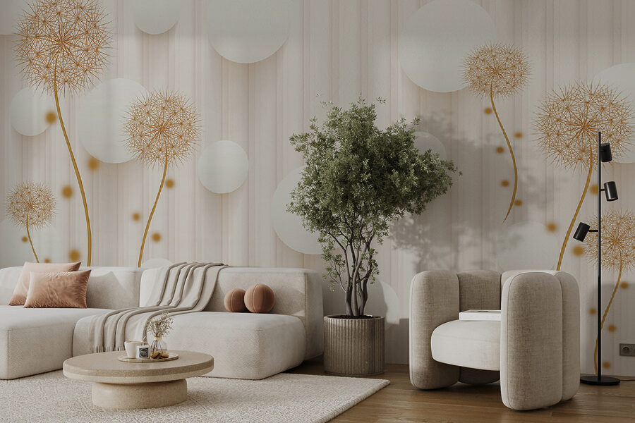 White circles and dandelions on a white background White circles and dandelions on a white background