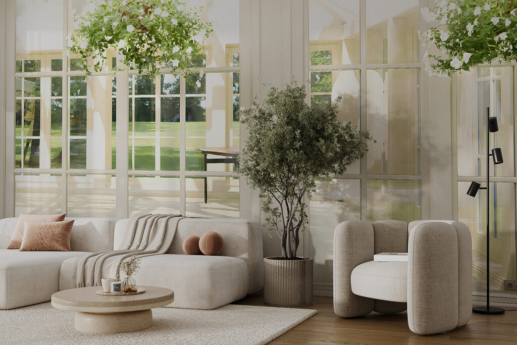 White patio door with glass windows and a potted plant from it u52614pig2mr 1024x683 - White patio door with glass windows and a potted plant from it