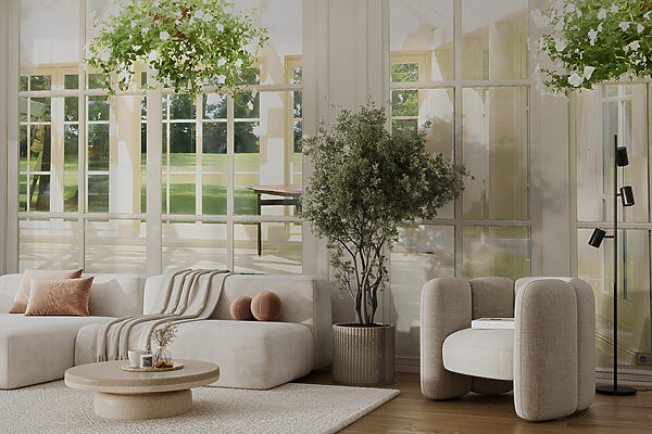 White patio door with glass windows and a potted plant from it u52614pig2mr 600x400 - White patio door with glass windows and a potted plant from it