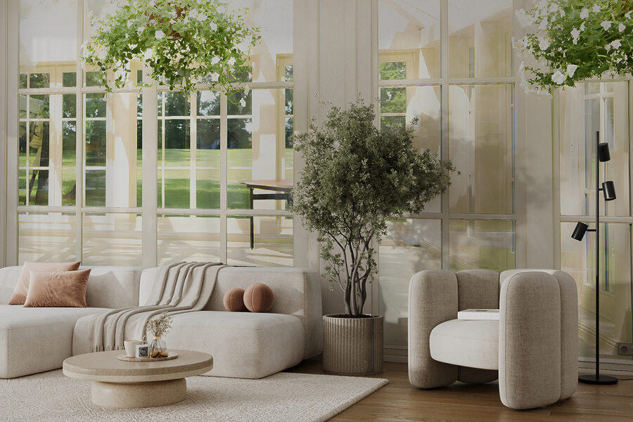 Wall murals White patio door with glass windows and a potted plant from it - Image 10