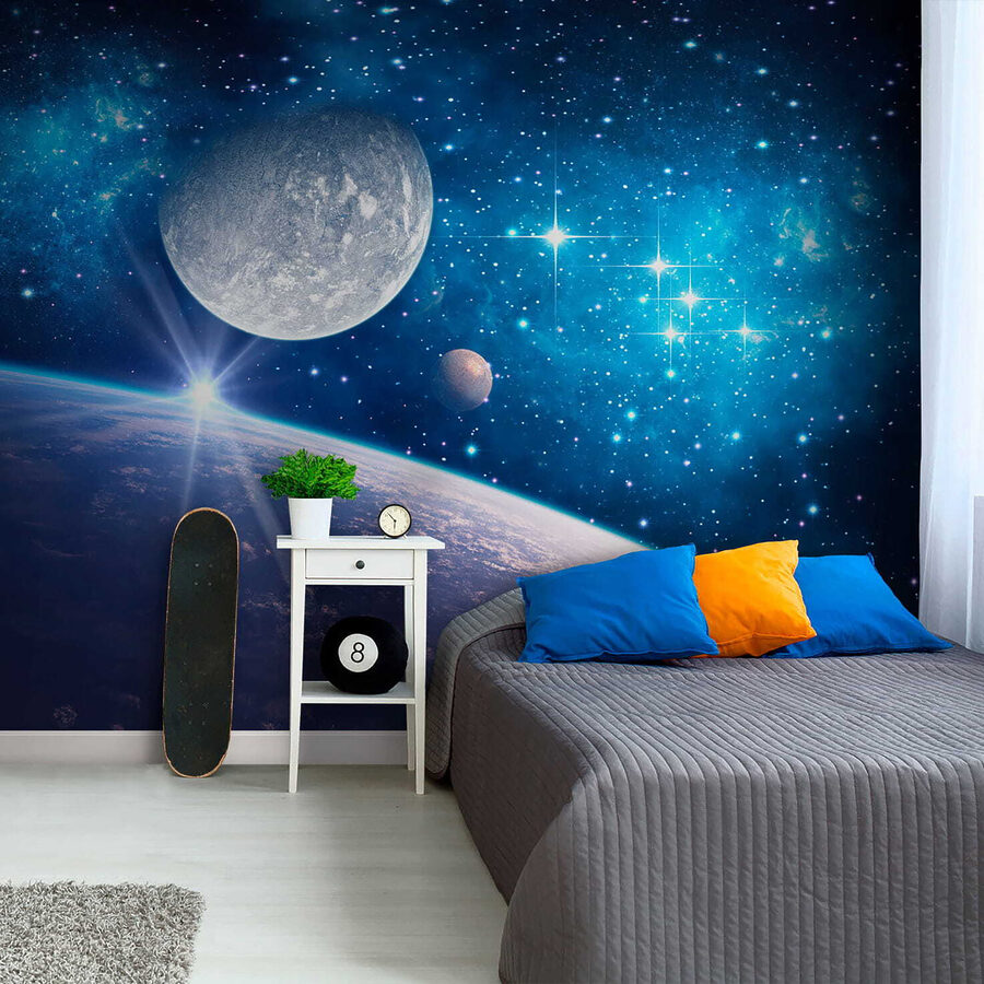 Planet and moon in space