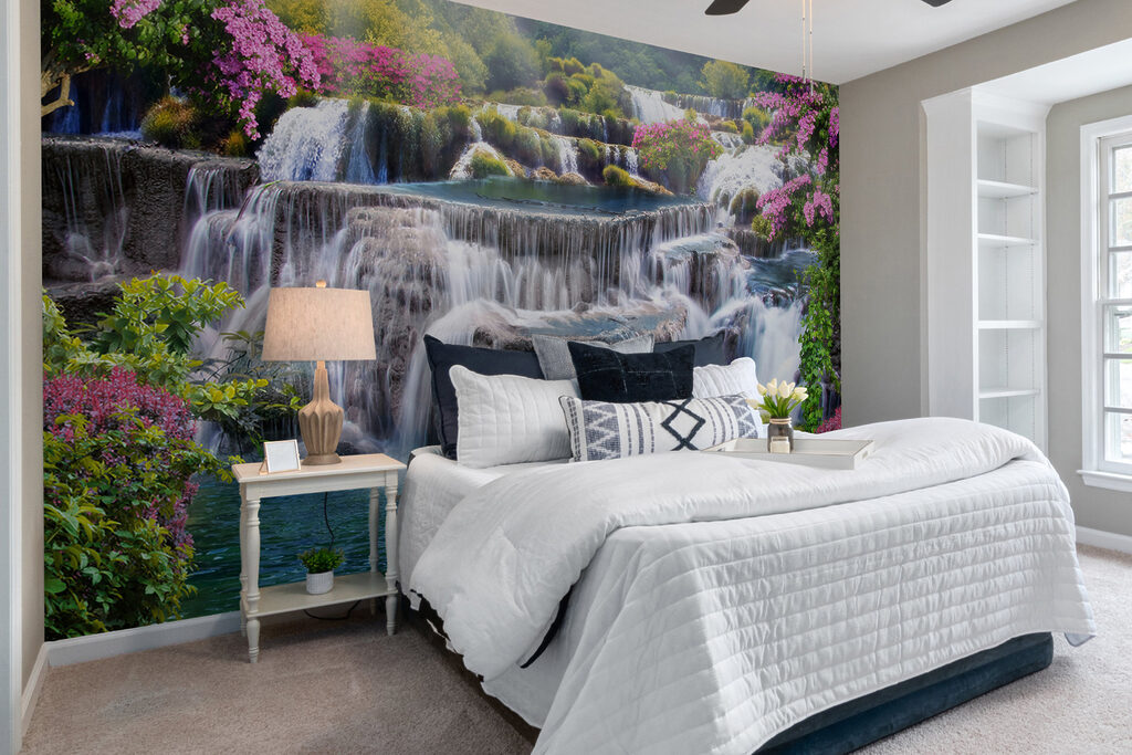 Waterfall with flowers and trees Waterfall with flowers and trees