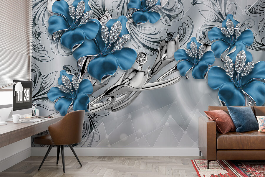 Wall murals Silver and blue flowers on a silver and black background - Image 11