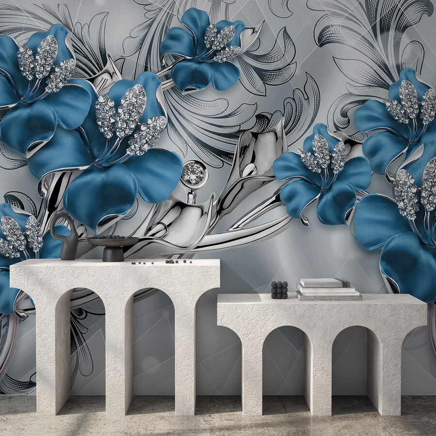 Wall murals Silver and blue flowers on a silver and black background - Image 12