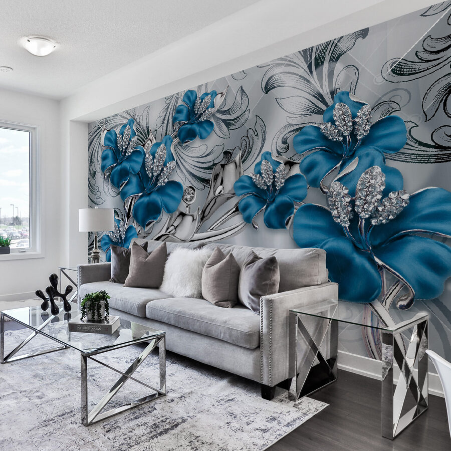 Wall murals Silver and blue flowers on a silver and black background - Image 13